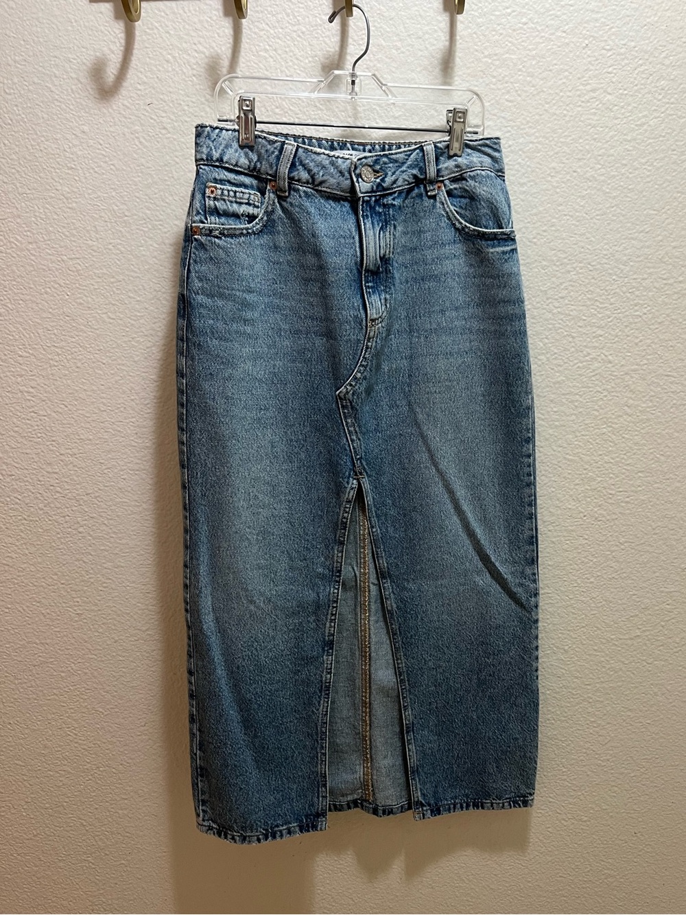 Garage Women's Midwash Blue Y2K Denim Midi Skirt with slit detail